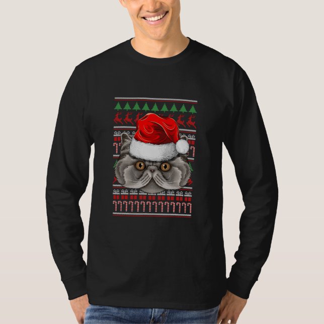 Christmas Persian Santa Hat Cute Cat Animal Ugly T-Shirt (Front)