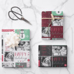 Christmas Personal 4 Photo modern festive tricolor Wrapping Paper Sheets<br><div class="desc">Fun festive modern Typography Pattern Christmas Gift Wrapping Sheets with greeting Sentiments ( Happy Holidays, Merry Christmas, Season of Peace) and personalizable with your family name and 4 family photos decorated with bright cheerful modern Christmas Designs, Background In three colors: modern bright and dark grey and burgundy red. Great to...</div>