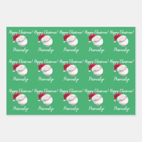 Christmas Personalized Baseball Sports Santa  Wrapping Paper Sheets