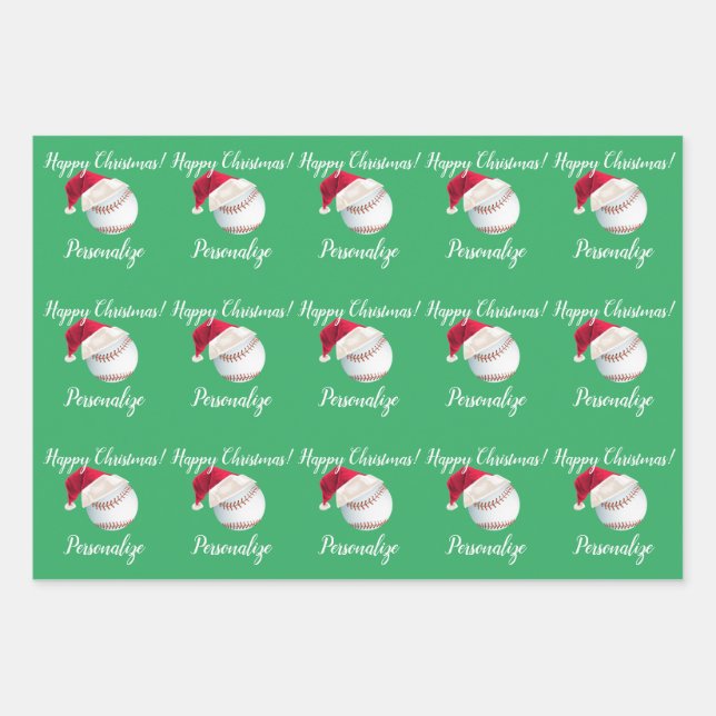 Christmas Personalized Baseball Sports Santa  Wrapping Paper Sheets (Front)