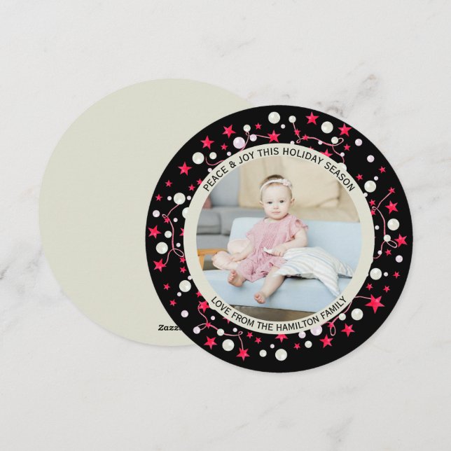 Christmas Personalized Black Red Wreath Photo Holiday Card (Front/Back)