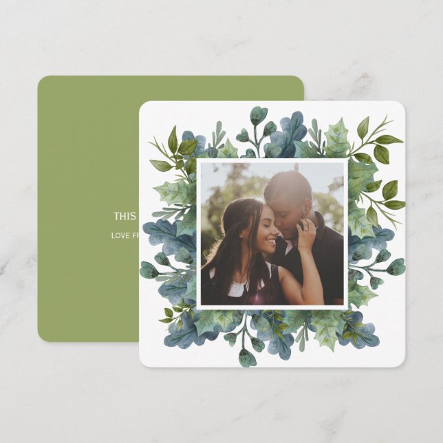 Christmas Personalized Blue Green Leaves Photo Holiday Card (Front/Back)