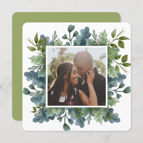 Christmas Personalized Blue Green Leaves Photo Holiday Card
