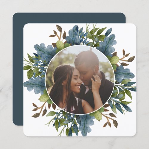 Christmas Personalized Blue Green Leaves Photo Holiday Card
