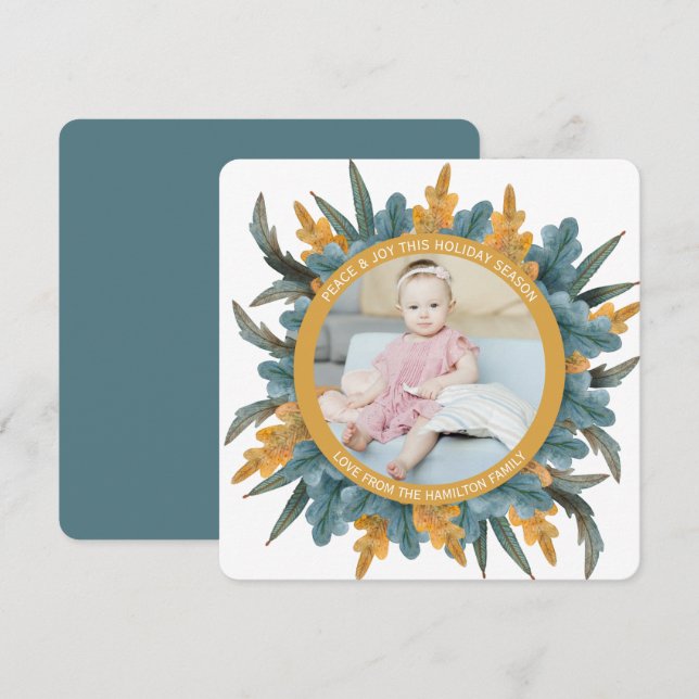 Christmas Personalized Blue Orange Leaves Photo Holiday Card (Front/Back)
