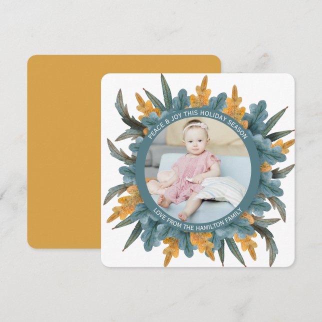 Christmas Personalized Blue Orange Leaves Photo Holiday Card (Front/Back)