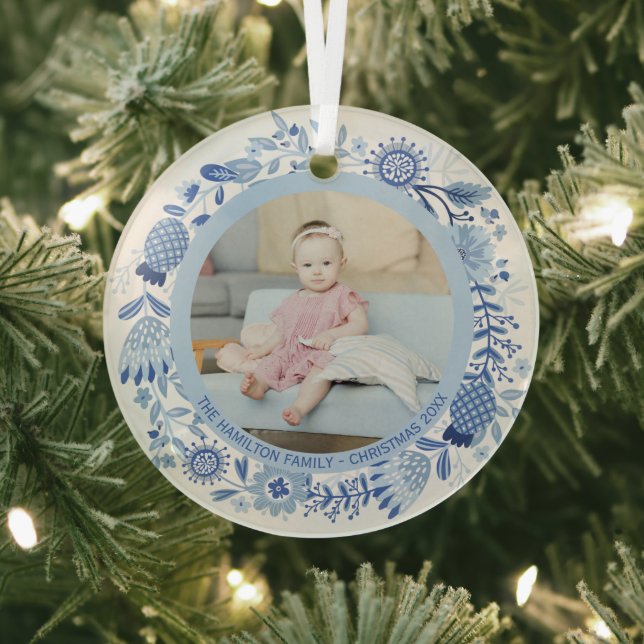 Christmas Personalized Blue White Wreath Photo Glass Ornament (Insitu)