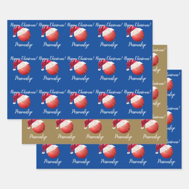 Christmas Personalized Cricket Ball Santa    Wrapp Wrapping Paper Sheets (Set)