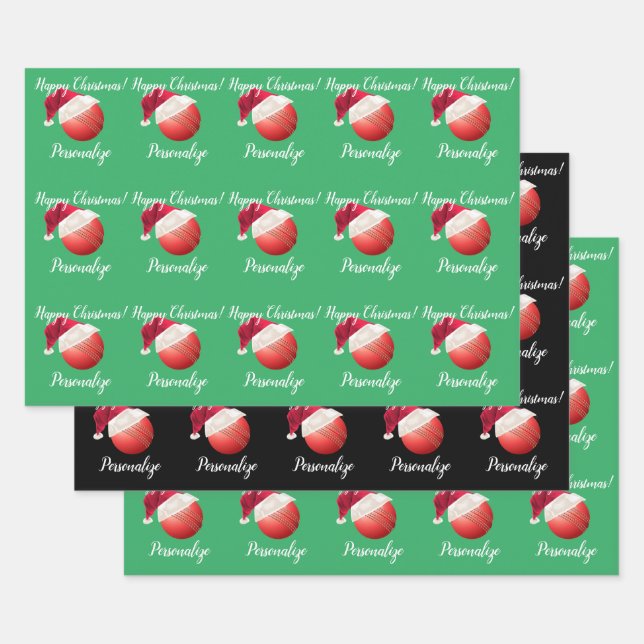 Christmas Personalized Cricket Ball Santa    Wrapping Paper Sheets (Set)