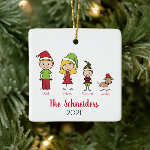 Christmas Personalized Family With Dog Ceramic Ornament