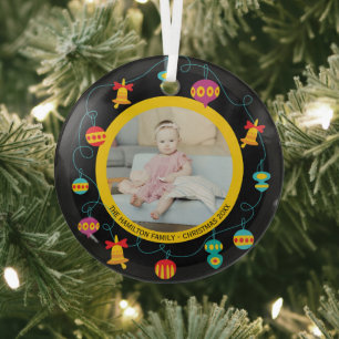 Christmas Personalized Fun Modern Wreath Photo Glass Ornament