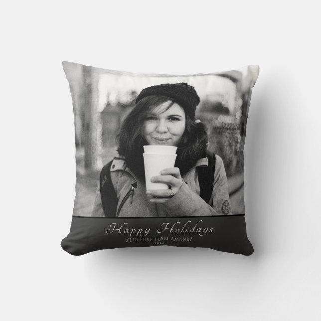 Christmas Personalized Grey Custom Holiday Photo Throw Pillow (Front)