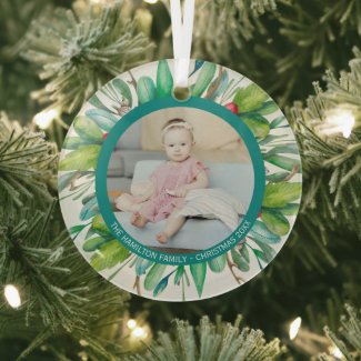 Christmas Personalized Modern Wreath Photo Frame Glass Ornament