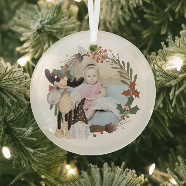 Christmas Personalized Moose And Gnome Photo Frame Glass Ornament (Insitu)