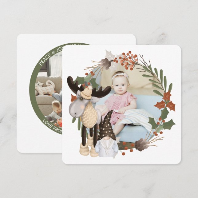 Christmas Personalized Moose Photo Frame Round Holiday Card (Front/Back)