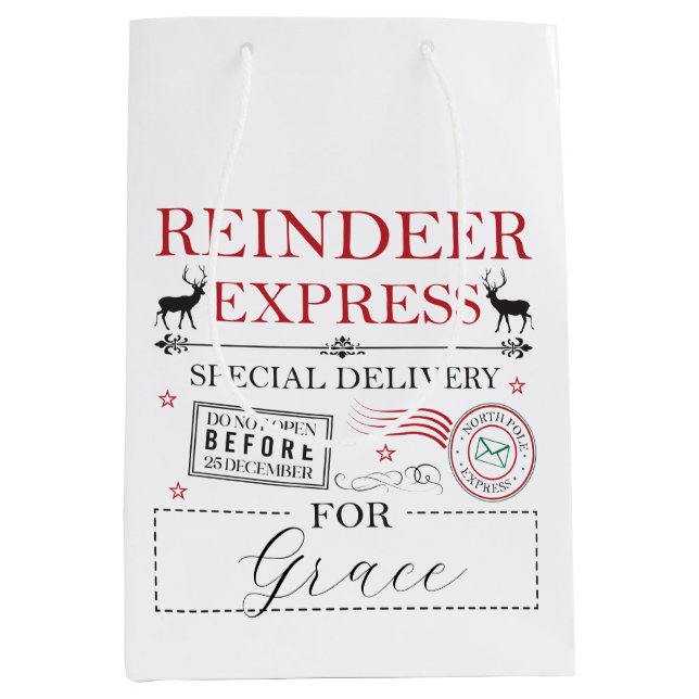 Christmas Personalized Name North Pole Reindeer Medium Gift Bag (Front)