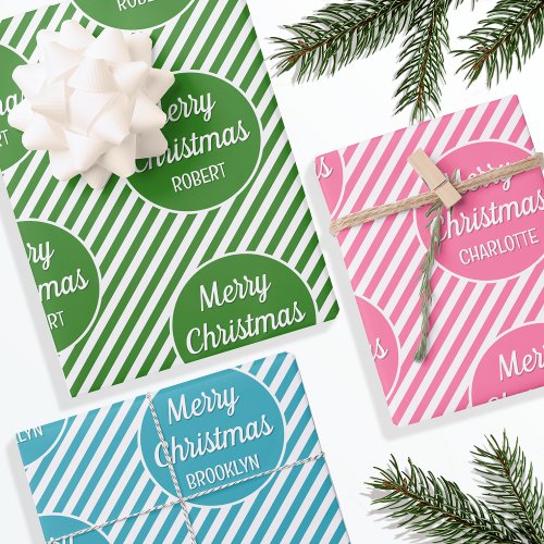 Christmas Personalized Name Pink Green Teal 3 Wrapping Paper Sheets