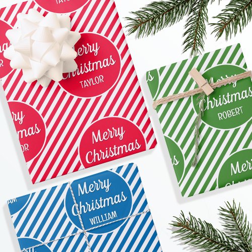 Christmas Personalized Name Red Green Blue 3 Wrapping Paper Sheets