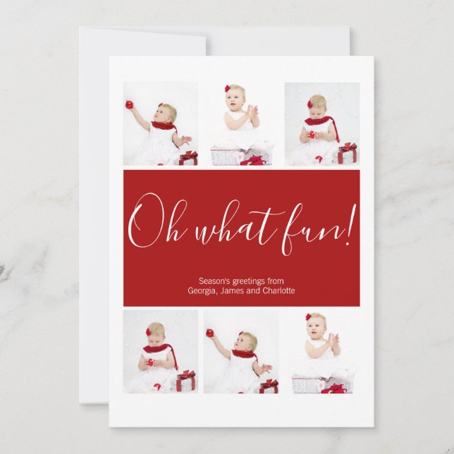 Christmas Personalized Oh What Fun Photo Collage Holiday Card (Front)