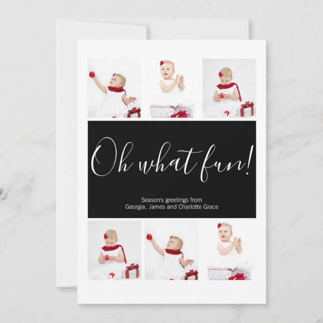 Christmas Personalized Oh What Fun Photo Collage Holiday Card (Front)