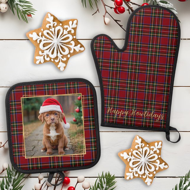Christmas Personalized Pet Dog Photo Holiday Plaid Oven Mitt & Pot Holder Set (Creator Uploaded)