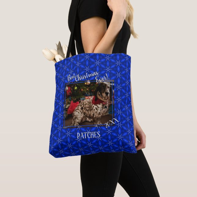 Christmas Personalized Pet Photo Blue Poinsettias Tote Bag (Close Up)