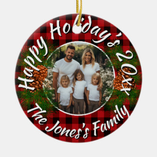 Christmas personalized photo red plaid pinecones ceramic ornament