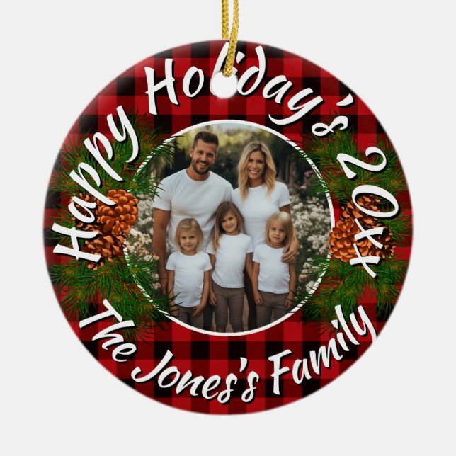 Christmas personalized photo red plaid pinecones ceramic ornament (Front)