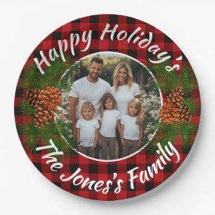 Christmas personalized photo red plaid pinecones paper plates