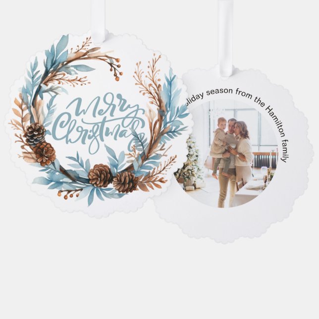 Christmas Personalized Photo Wreath and Typography Ornament Card (Front/Back)
