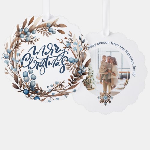 Christmas Personalized Photo Wreath and Typography Ornament Card