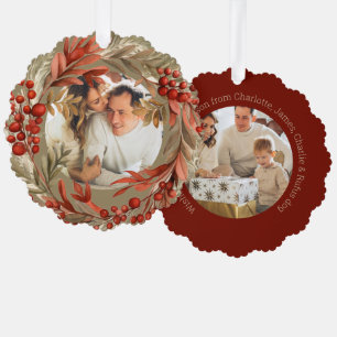 Christmas Personalized Photo Wreath Red Berry Ornament Card