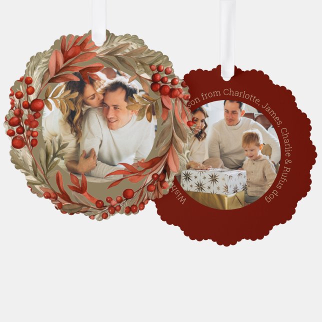 Christmas Personalized Photo Wreath Red Berry Ornament Card (Front/Back)