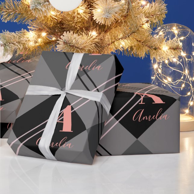 Christmas Personalized Plaid Gray Black Pink Wrapping Paper (Holidays)