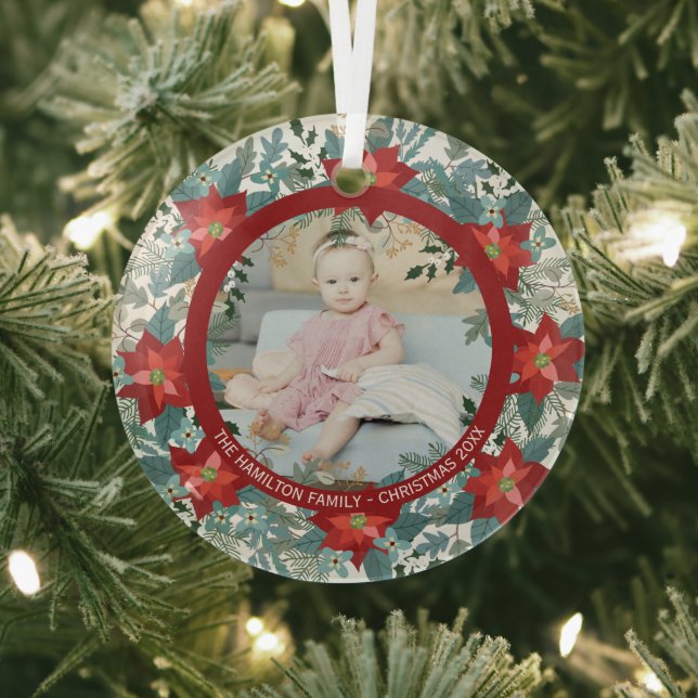 Christmas Personalized Poinsettia Wreath Photo Glass Ornament (Insitu)