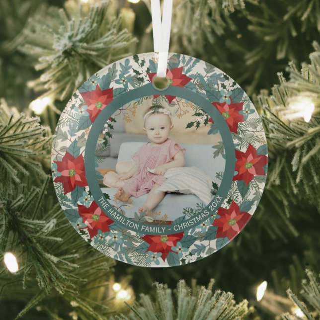 Christmas Personalized Poinsettia Wreath Photo Glass Ornament (Insitu)