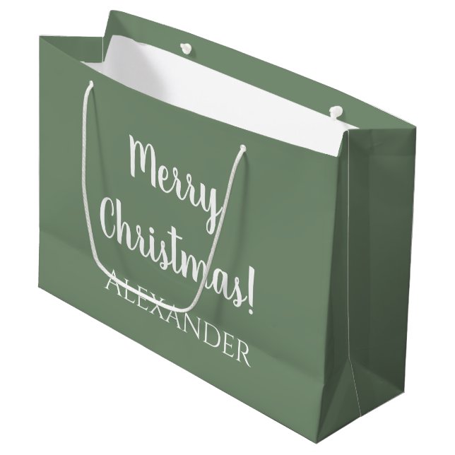 Christmas Personalized Sage Green Merry Christmas Large Gift Bag (Front Angled)