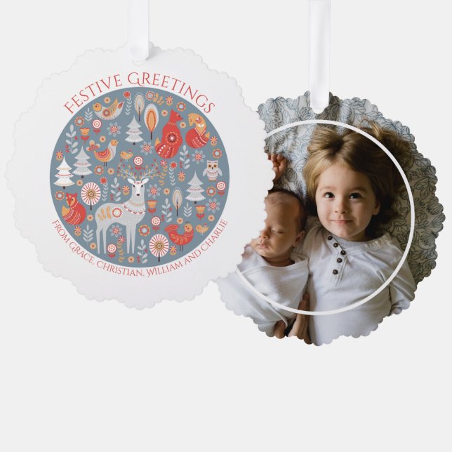 Christmas Personalized Scandinavian Nordic Forest  Ornament Card (Front/Back)