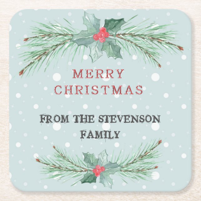 Christmas, Personalized, Spruce, mistletoe Square Paper Coaster (Front)