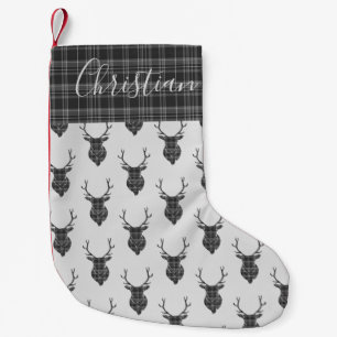 Christmas Personalized Stag Head Grey Tartan Small Christmas Stocking