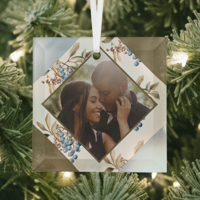 Christmas Personalized Winter Berry Photo Glass Ornament (Insitu)