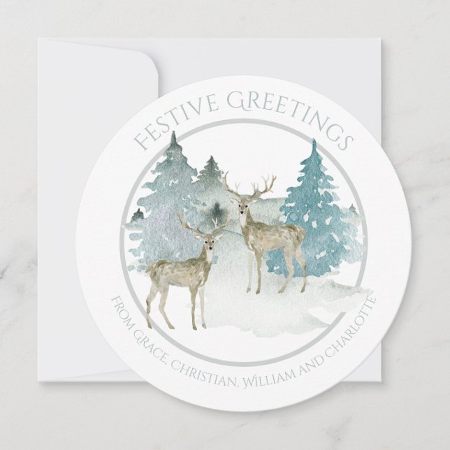 Christmas Personalized Winter Woodland Deer Holiday Card (Front)
