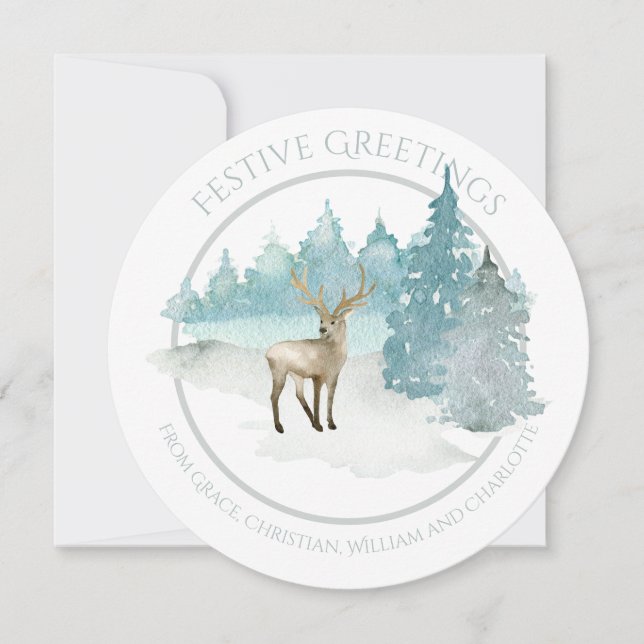 Christmas Personalized Winter Woodland Deer Holiday Card (Front)