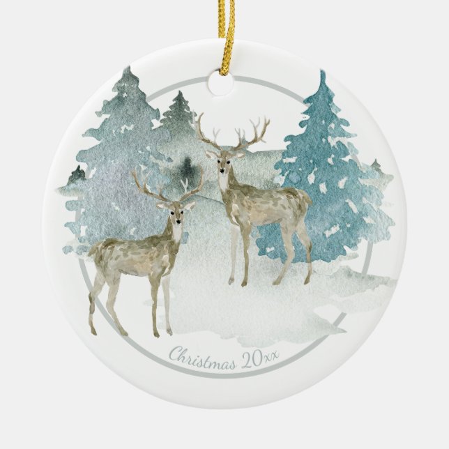 Christmas Personalized Woodland Winter Deer Ceramic Ornament (Front)
