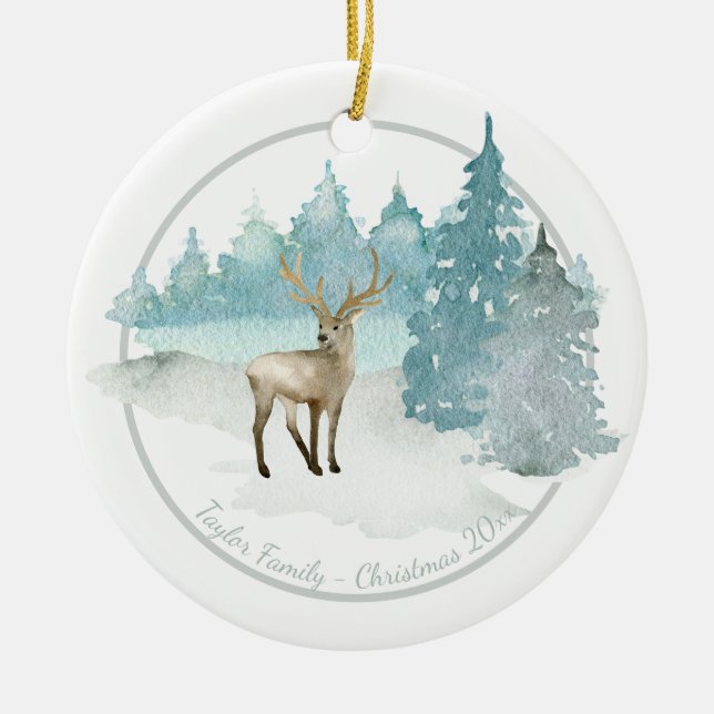 Christmas Personalized Woodland Winter Deer Ceramic Ornament (Front)