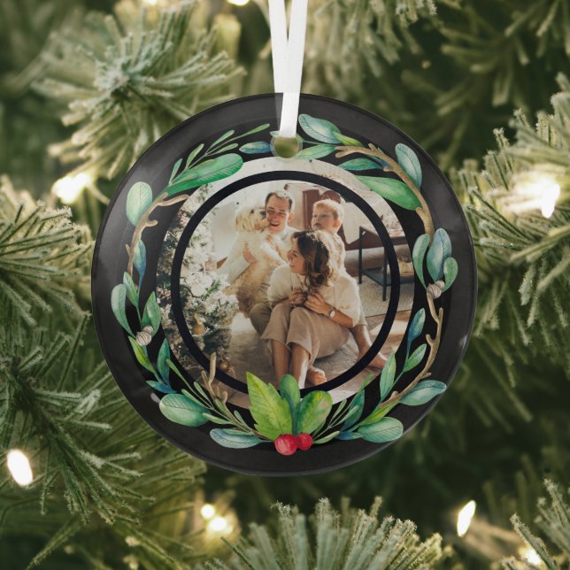 Christmas Personalized Wreath Photo Frame Glass Ornament (Insitu)