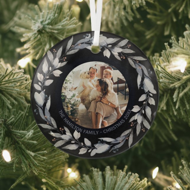 Christmas Personalized Wreath Photo Frame Glass Ornament (Insitu)