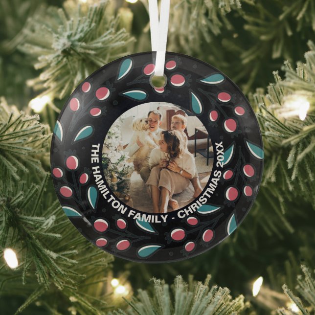 Christmas Personalized Wreath Photo Frame Glass Ornament (Insitu)