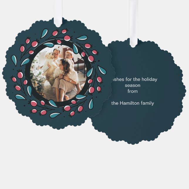 Christmas Personalized Wreath Photo Frame Ornament Card (Front/Back)