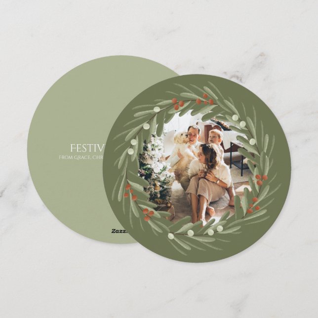 Christmas Personalized Wreath Photo Frame Round Holiday Card (Front/Back)